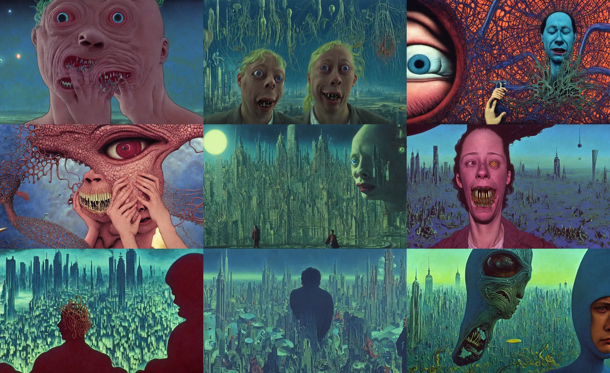 Prompt: realistic detailed portrait movie shot of a todd solondz cryingm, new york sci fi city landscape background by denis villeneuve, amano, yves tanguy, alphonse mucha, ernst haeckel, max ernst, roger dean, masterpiece, rich moody colours, dog teeth, blue eyes