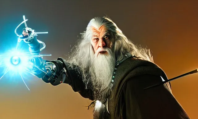 Image similar to cyber - gandalf with cyborg eye lens and robotic arm holding an electronic spear, battling the balrog epic 3 5 mm photograph