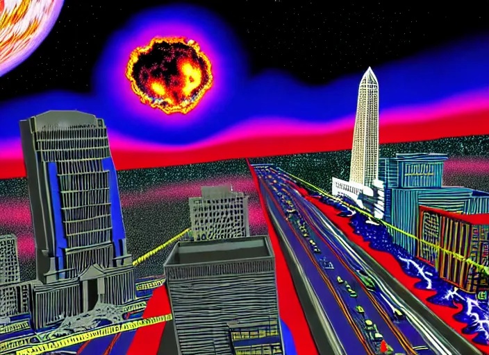 Prompt: maximalist 3 d render of giant bigfoot destroying washington dc, debris and fire, collapsed buildings, monster, hyperdetailed against a psychedelic surreal background in the style of 1 9 9 0's cg graphics against the cloudy night sky, lsd dream emulator psx, 3 d rendered y 2 k aesthetic by ichiro tanida, 3 do magazine, wide shot