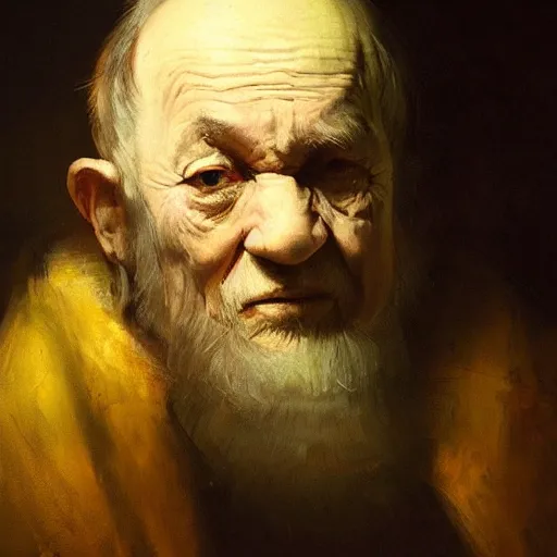 Prompt: high quality oil painting portrait of old aged priest by Rembrandt and Raymond Swanland, dark background, high fantasy, perfect lighting