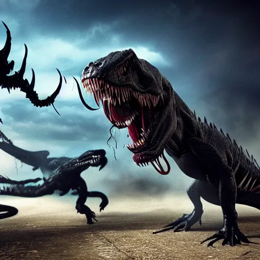 Prompt: venom fighting a t - rex, trending on artstation, 4 k, 8 k
