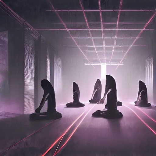 Prompt: monks kneeling with wires connecting them to a computer, Machines and wires everywhere, neon lights, creepy, dark shadowy surroundings, dystopian scifi, horror, Stefan Koidl inspired