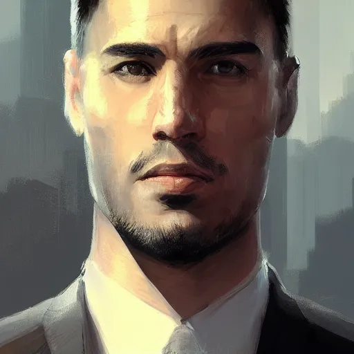 Image similar to Portrait of a man by Greg Rutkowski, he is about 30 years old, mixture between russian and chinese, short black hair, attractive, smart looking, he is wearing a black futuristic lawyer outfit, highly detailed portrait, scifi, digital painting, artstation, concept art, smooth, sharp foccus ilustration, Artstation HQ