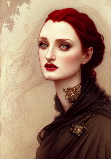 Image similar to sansa angeline jolie gessica chastain victorian vampire, intricate, elegant, highly detailed, digital painting, artstation, concept art, smooth, sharp focus, illustration, art by artgerm and greg rutkowski and alphonse mucha and william - adolphe bouguereau