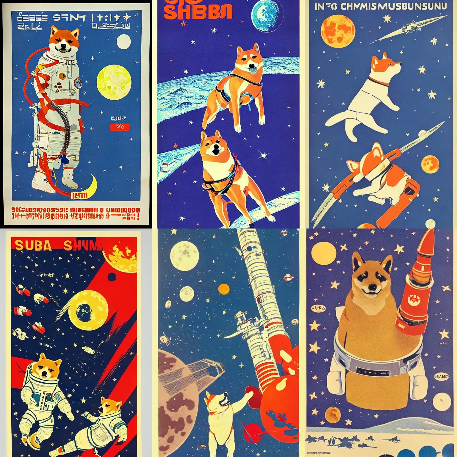 Image similar to Shiba Inu cosmonaut, moon mission, 60s poster, 1968 Soviet