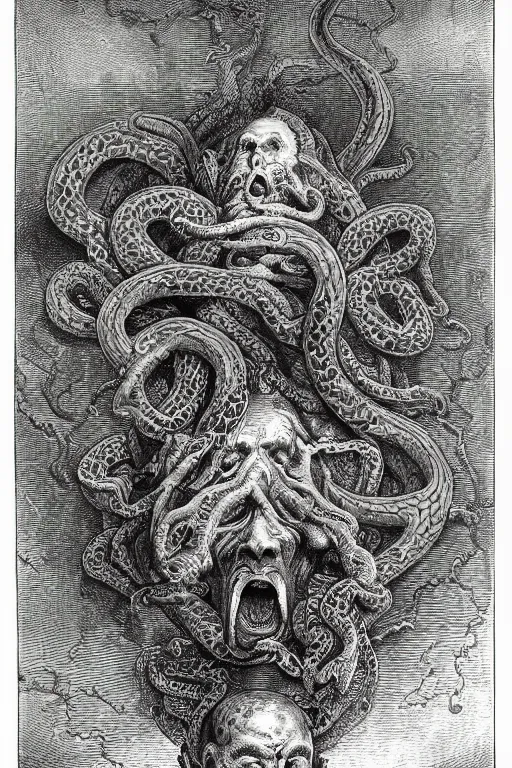 Image similar to very detailed ink drawing of a screaming head of an angel with snakes coming out from the eyesockets, surrounded by serpents by gustave dore, poster, fine art