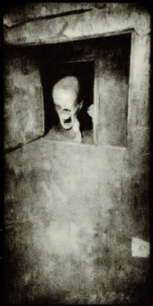 Prompt: still of a horrid vampiric creature hiding in a barn, horror movie, grainy, faded, polaroid, found footage