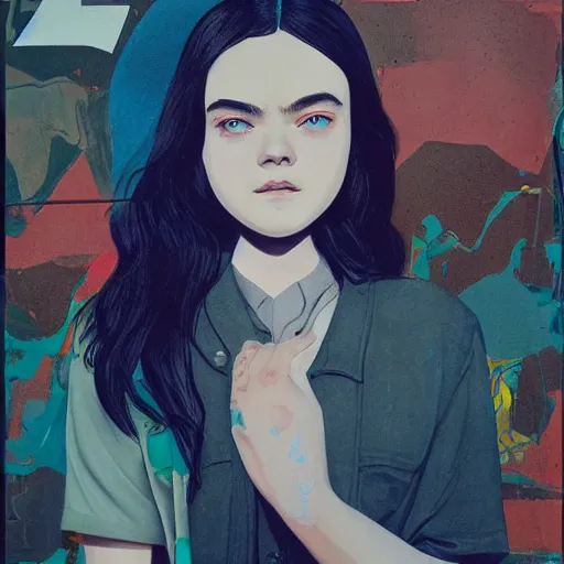 Prompt: Elle Fanning in Peace Walker picture by Sachin Teng, asymmetrical, dark vibes, Realistic Painting , Organic painting, Matte Painting, geometric shapes, hard edges, graffiti, street art:2 by Sachin Teng:4