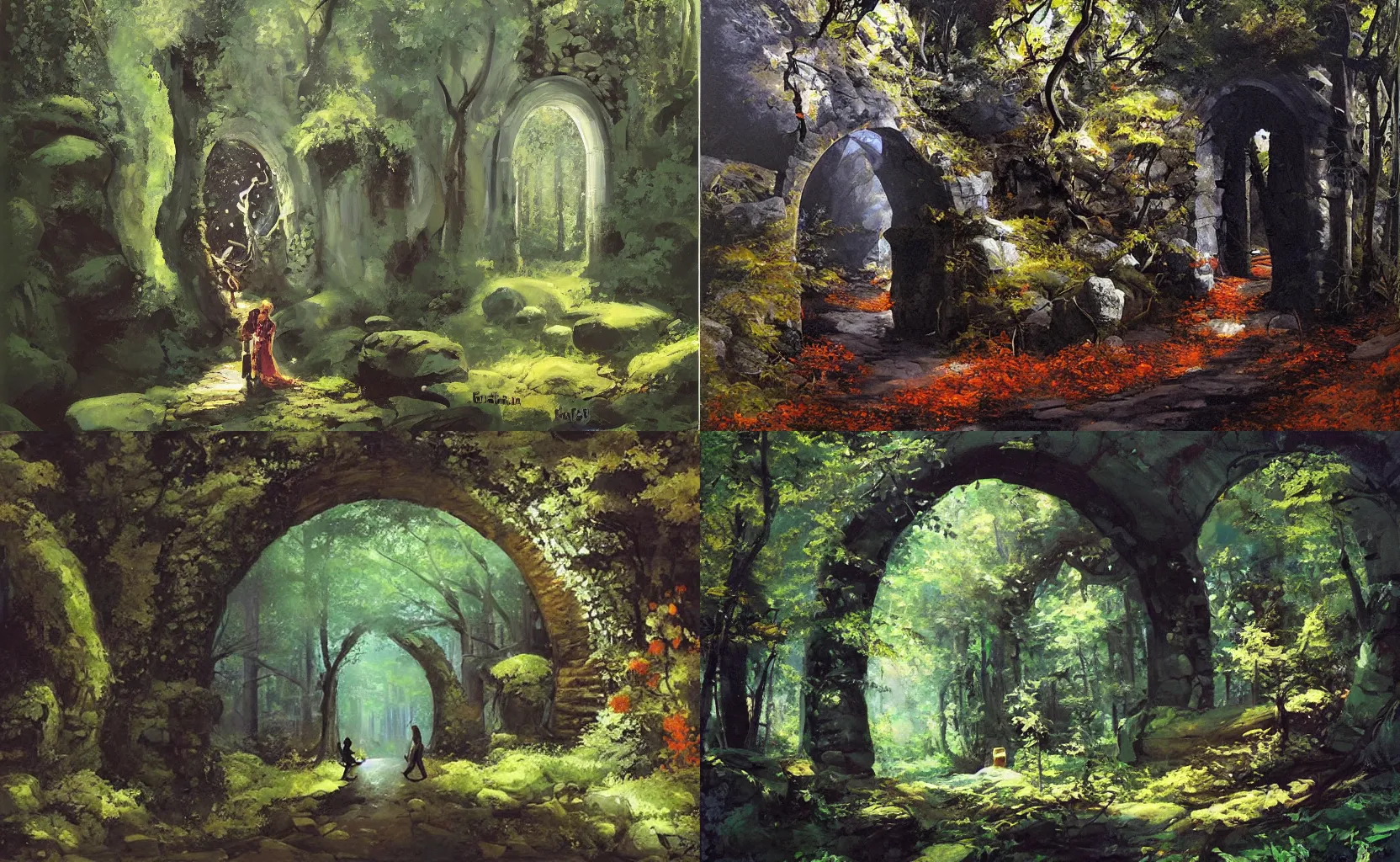 Prompt: A spiralling enchanted portal in a stone arch in a deep dark forest, fantasy painting by Karl Gustav Rodde and Ben Aronson