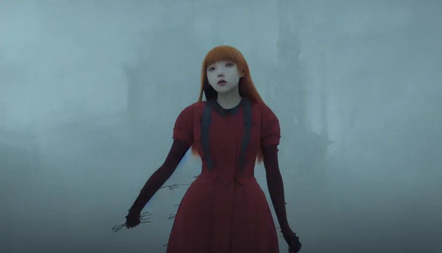 Image similar to intricate screenshot of Chuu from LOONA as a dark souls boss. Red fog. Menacing, holding a baseball covered in barbed wire. Octane render, horror