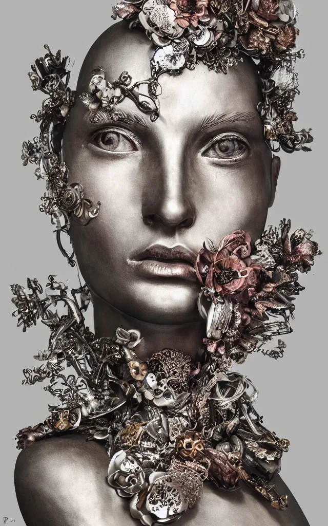 Image similar to A sculpture made of metal and flower, portrait, female, cyberpunk queen, Harpers Bazaar, Vogue magazine, insanely detailed and intricate, concept art, close up, clear face