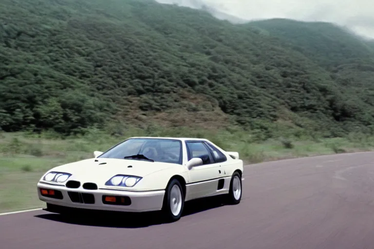 Image similar to vintage archival race footage of a single purple 1995 BMW M1, with elements of the Vector W8 Twin Turbo, movie still, speed, cinematic Panavision 5384 film