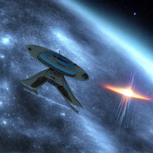Prompt: Ultramodern Star Trek ship orbiting neutron star