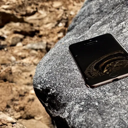 Image similar to fossilized iphone partially embedded in rock