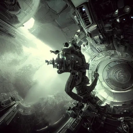 Image similar to concept art by craig mullins astronaut in futuristic dark and empty spaceship underwater. infrared complex and hyperdetailed technical suit. mandelbulb fractal. reflection and dispersion materials. rays and dispersion of light. volumetric light. 5 0 mm, f / 3 2. noise film photo. flash photography. unreal engine 4, octane render. interstellar movie art