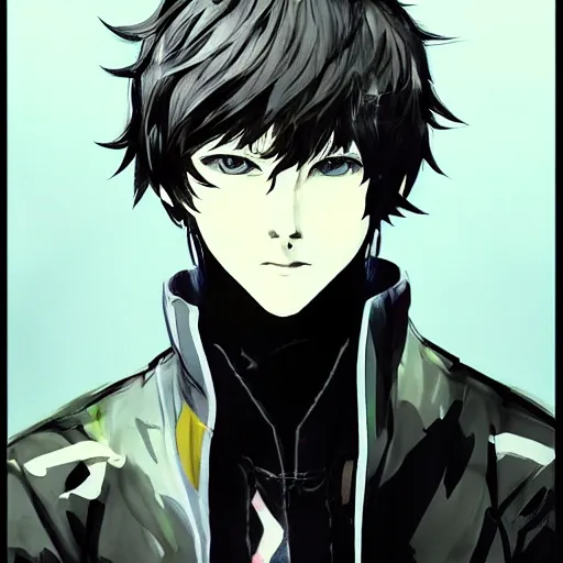 Image similar to Portrait of Yu Narukami from Persona 4, in the art style of Yoji Shinkawa, trending on Art Station, highly detailed, concept art, great composition