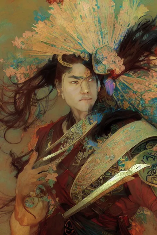 Prompt: attractive man, wuxia, colorful, painting by gaston bussiere, craig mullins, greg rutkowski, alphonse mucha