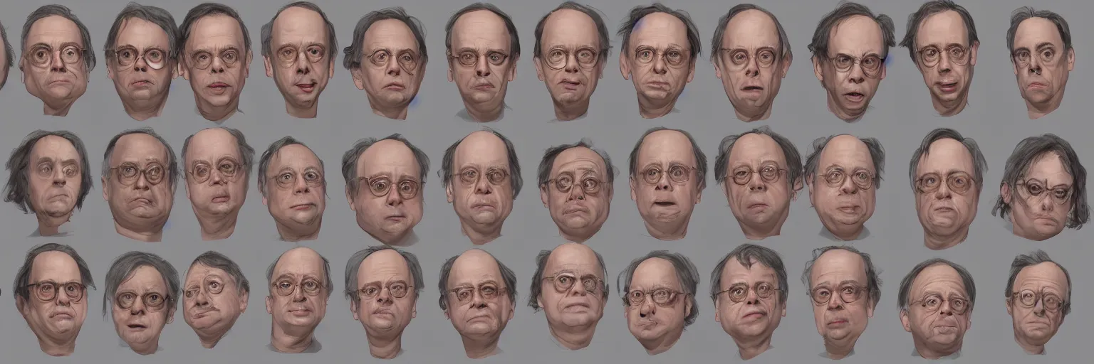 Prompt: character study of todd solondz and steve buscemi and danny devito, 2 0 2 2, clear faces, emotional, character sheet, fine details, concept design, contrast, kim jung gi, pixar and da vinci, trending on artstation, 8 k, full body and head, turnaround, front view, back view, ultra wide angle