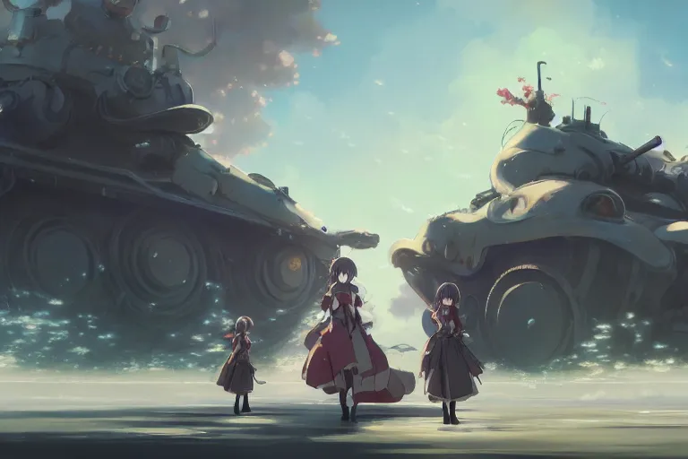 Image similar to anime key visual concept art of fantasy rail canon tank with anime maids, trending on artstation, brush strokes, oil on canvas, style of kawacy and makoto shinkai and greg rutkowski