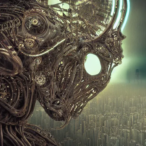 Image similar to cybernetic demon dreaming with its mind, lsd, circuitry, intricate detail, royo, whealan, giger, klimt, hd, octane render, unreal engine,