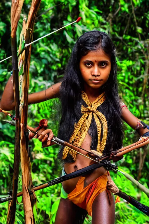 Prompt: a professional photo of a sri lankan jungle girl, black hair, hunter, with bow and arrow, extremely high fidelity, natural lighting.