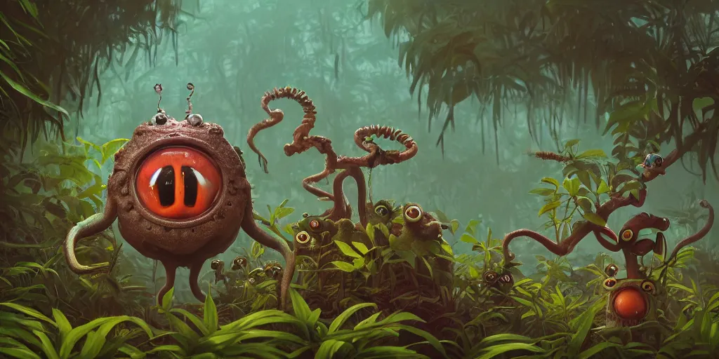 Prompt: of an intricate murky jungle with strange cute friendly laughing creatures with huge eyes, long tongue, square teeth and funny face appearing from the foliage, in the style of shaun tan, macro lens, shallow depth of field, highly detailed, digital painting, trending artstation, concept art, illustration, cinematic lighting, vibrant colors, photorealism, epic, octane render