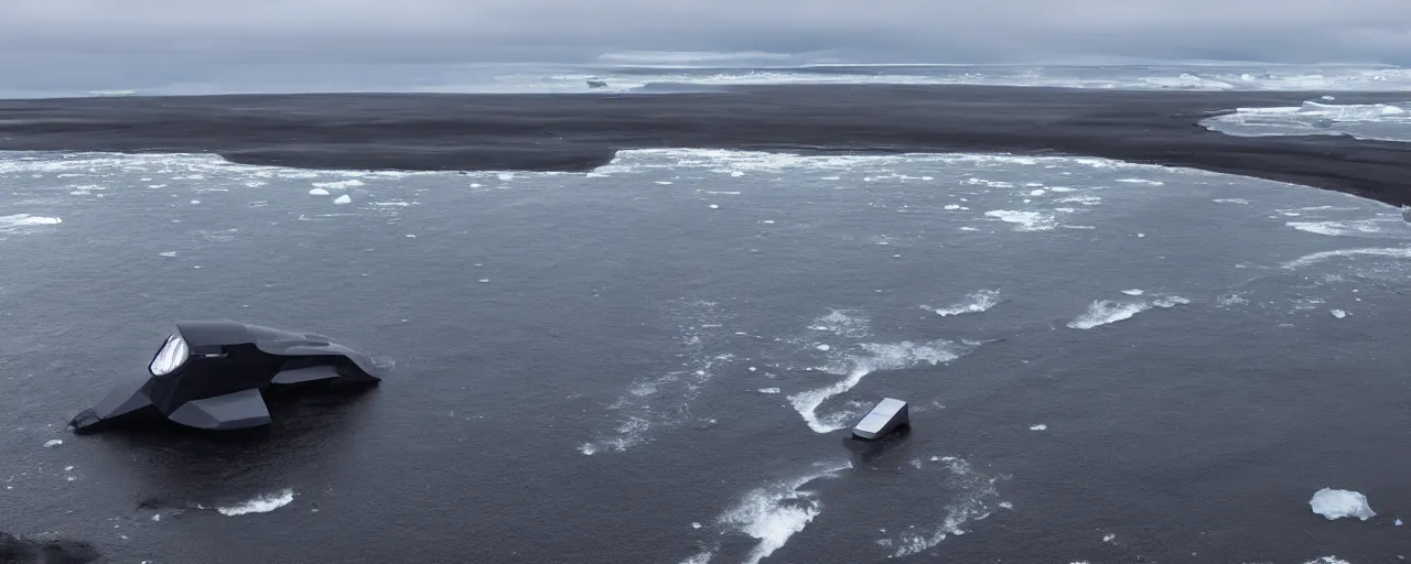 Image similar to cinematic shot of giant symmetrical futuristic military spacecraft in the middle of an endless black sand beach in iceland with icebergs in the distance,, 2 8 mm