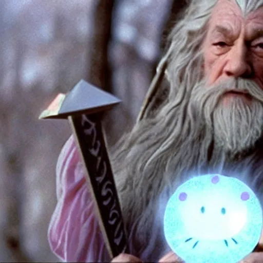 Image similar to portraid of gandalf wearing a Hello Kitty costume, holding a blank playing card up to the camera, movie still from the lord of the rings