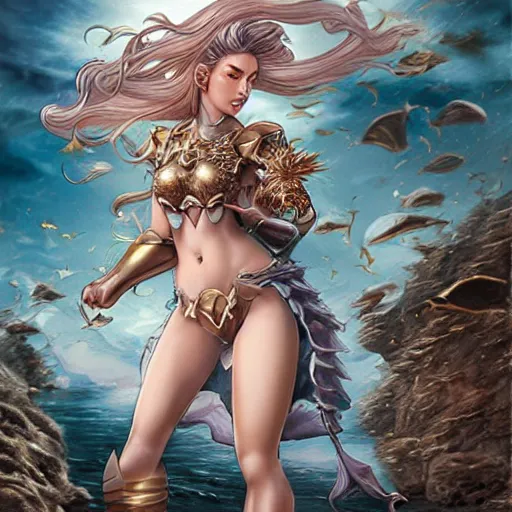 Prompt: fantasy woman wearing an armor covered with seashells emerging from the sea, by Artgerm and Yoshii Chie, medium shot