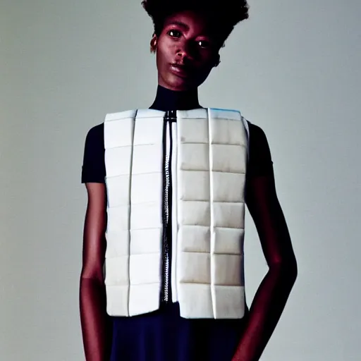 Image similar to realistic photoshooting for a new issey miyake lookbook, color film photography, portrait of a beautiful woman, model is wearing techtical vest, photo in style of tyler mitchell, 3 5 mm,