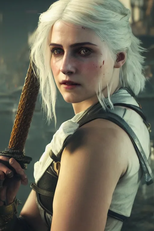 Prompt: A film still of ciri from the Witcher 3 as a cyberpunk 2077 loading screen, highly detailed, digital painting, artstation, concept art, sharp focus, illustration, cinematic lighting, art by artgerm and greg rutkowski and alphonse mucha diffuse lighting, fantasy, intricate, elegant, highly detailed, lifelike, photorealistic, digital painting, artstation, illustration, concept art, smooth, sharp focus, art by John Collier and Albert Aublet and Krenz Cushart and Artem Demura and Alphonse Mucha