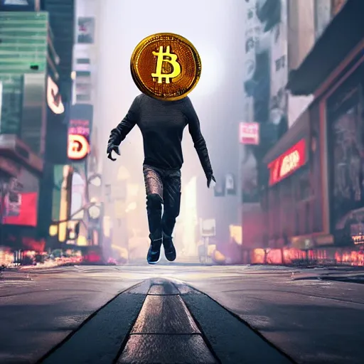 Image similar to people running away scared from a giant with bitcoin head, cinematic, cyberpunk art, hyper-realistic, cryptocurrency, 8k