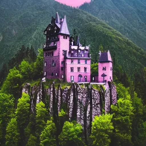 Image similar to dark gothic castle on an high mountain near the ocean. gradient purple sky. aerial photography, flintlock fantasy