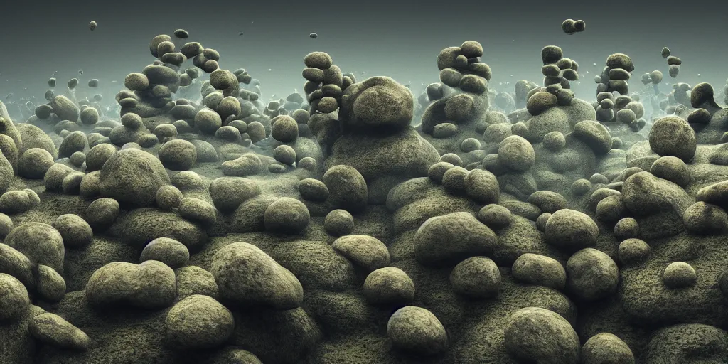 Image similar to Photorealistic crowd of fungus people made from fungus. Magically floating rocks, with ominous storm clouds, strange levitating stones, stones falling from the sky, a gentle rising mist. occult photorealism, UHD, amazing depth, glowing, golden ratio, 3D octane cycle unreal engine 5, volumetric lighting, cinematic lighting, cgstation artstation concept art