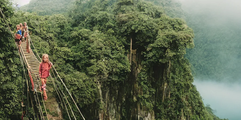 Prompt: an island of jungle cliffs with treehouses atop. tiered catwalks and rope bridges. kids in colorful war paint standing on the rope bridges. foggy valley and mountains fading into the distance, at sunset. waterfalls. neverland. 3 5 mm portrait film.