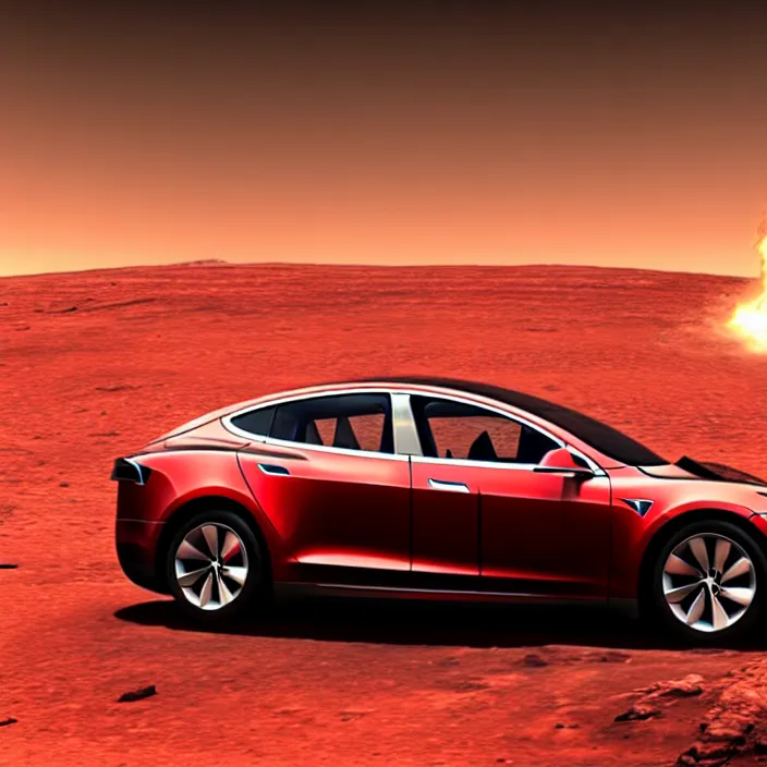 Prompt: photo of a red tesla car crash landing on mars highly detailed, 4 k, hdr, smooth, sharp focus, high resolution, award - winning photo