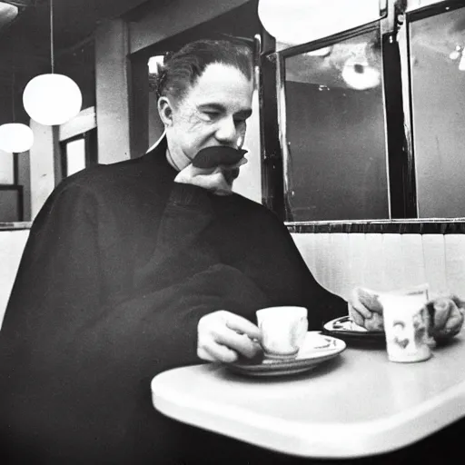 Prompt: A photo of the Grim Reaper enjoying pancakes in a 1950s diner, award-winning photography, by Saul Leiter