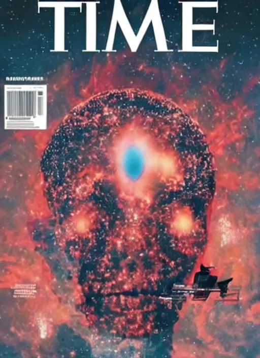 Prompt: TIME magazine cover, the coming AI singularity, all these worlds are yours