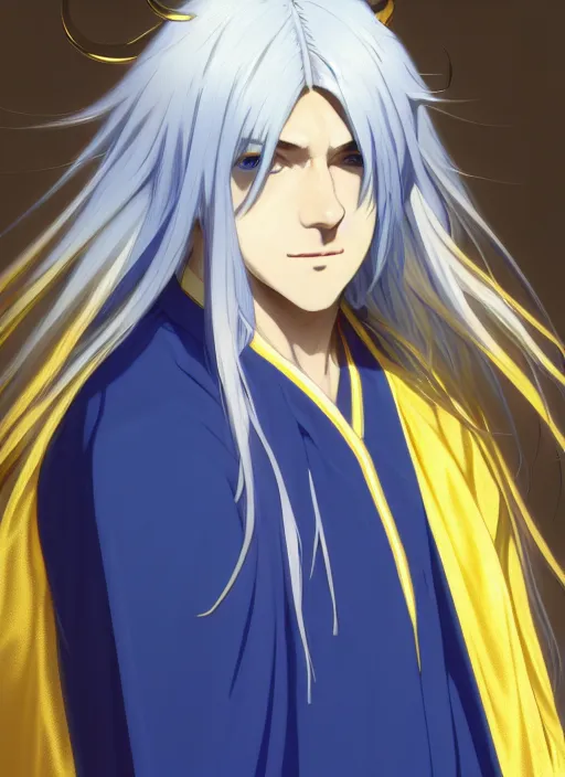 Prompt: card art portrait of a young man with long white hair wearing blue and golden robes, long white hair, blue and golden robes, detailed robes, intrincated design, makoto shinkai, anime character, very detailed, matte, tonemapping, bbwchan, perfection, 4 k, william - adolphe bouguereau