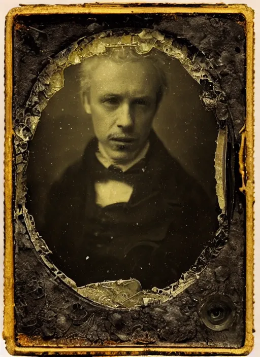 Prompt: old wetplate daguerreotype portrait of the birth of a genius musician, explosion of data fragments, fractal, intricate, elegant, highly detailed, parallax, leica, medium format, subsurface scattering, by jheronimus bosch and greg rutkowski and louis jacques mande daguerre