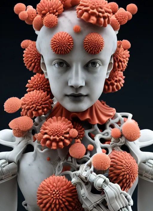 Image similar to portrait of an absurdly beautiful marble statue made of biomechanical corals, daisies, well contoured smooth fair walls, carrying a bottle of perfume, up close shot, sharp focus, global illumination, radiant light, alexandre ferra white mecha, irakli nadar, octane highly render, 4 k, ultra hd,