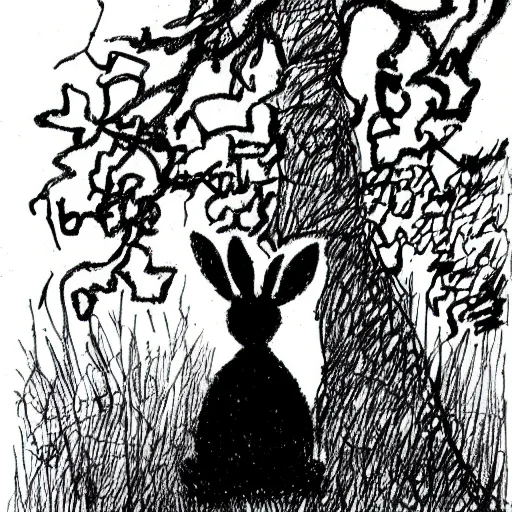 Prompt: milt kahl pen and ink sketch of a rabbit silhouette standing by a tree in the forest facing away