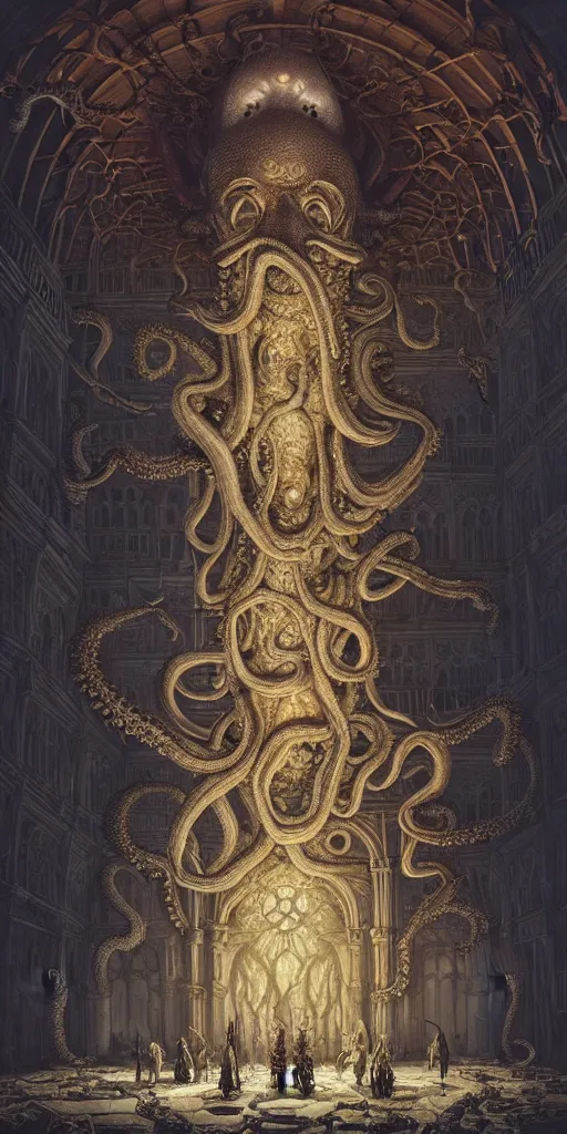Image similar to group of mankind species mages with big octopus heads and a lot of translucent jellyfishes floating around inside an ancient mage castle hall colossal scale, gothic and baroque, brutalist architecture, ultradetailed, Intricate by Ellen Jewett and Josan Gonzalez and Giuseppe Arcimboldo
