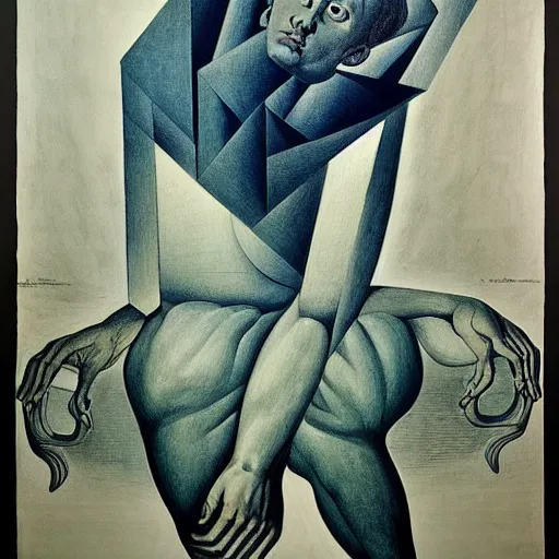 Image similar to blue lithography on paper conceptual figurative ( post - morden ) monumental dynamic portrait drawn by ( ( ( william blake ) ) ) and goya and hogarth, inspired by escher, illusion surreal art, highly conceptual figurative art, intricate detailed illustration, controversial poster art, polish poster art, geometrical drawings, no blur