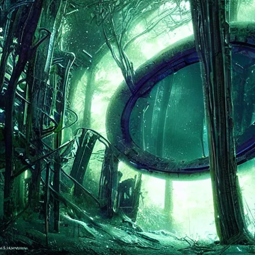 Image similar to stairs leading to a derelict portal in a middle of a snowy lush futuristic forest, alien world seen through a portal, daylight, cinematic lighting, blue sky, syd mead, john harris