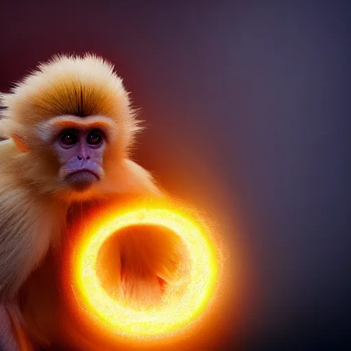 Prompt: golden snubnose monkey going super saiyan 3 like dragon ball z, super long hair, flaming chi aura. 4 k, subtle hdr. golden hour. award winning. flaming chi aura.