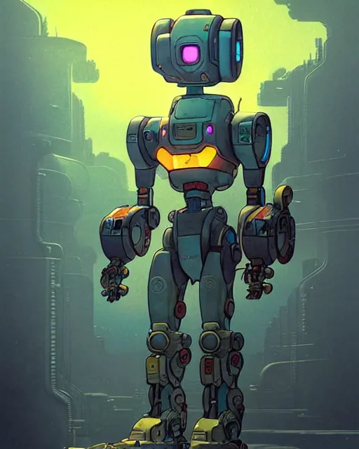 Image similar to bastion the friendly robot from overwatch, character portrait, portrait, close up, concept art, intricate details, highly detailed, vintage sci - fi poster, retro future, in the style of chris foss, rodger dean, moebius, michael whelan, and gustave dore