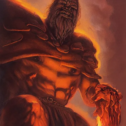 Image similar to head and shoulders portrait of a flamimg helmed fire giant, d & d, fantasy, greg rutkowski, frank frazetta, alexandre chaudret, boris vallejo, michael whelan, miro petrov, hr giger, magali villeneuve, donato giancola