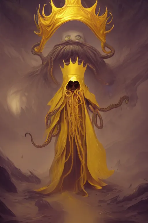 Image similar to A full body portrait of a mysterious character with no face with a very long hooded yellow cloak, a golden crown floating above his head tentacles coming out the ground art by Shaddy Safadi and Jason Chan, ominous, cosmic horror, trending on artstation, Ultra detailed, hyper realistic 4k