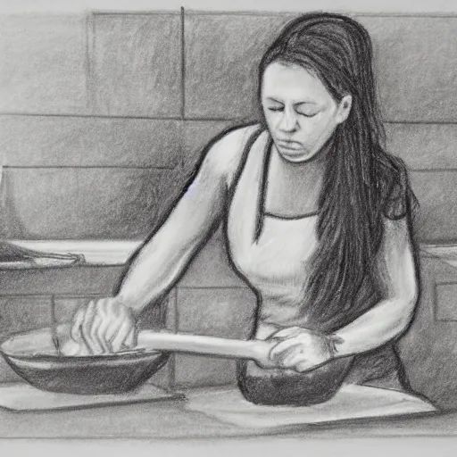 Prompt: charcoal action - drawing of a woman cooking, chopping vegetables, dramatic